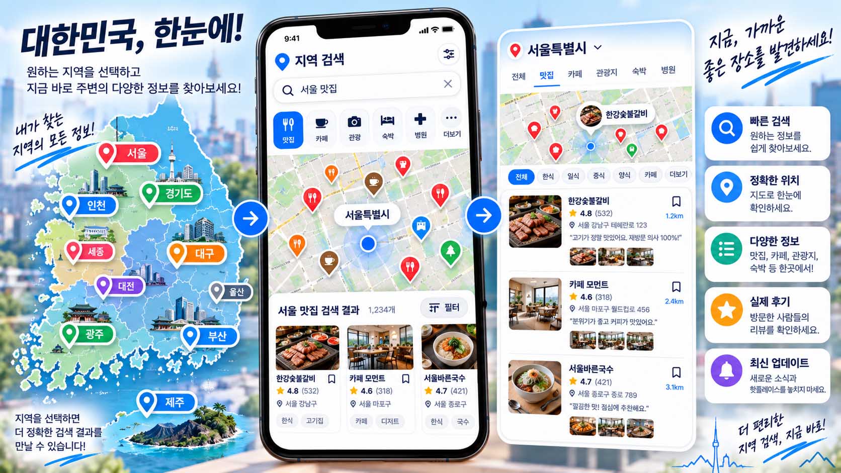 지역별 검색 방법 플레이스에서 지역을 선택해 검색 결과를 좁히는 화면